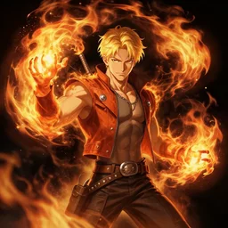 character art by jean - baptiste monge, young man, blonde hair, on fire, fire powers