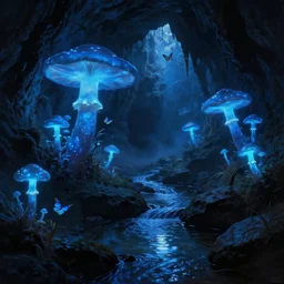 a beautiful, mystical cave with  glowing blue mushrooms, a stream of water reflecting light, dark rocks, shadows, atmospheric, butterflies, misty, masterpiece, very detailed, cold blue light, trending on artstation, hyperrealistic, painted by Jessiah Thomason