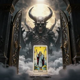 The gate of hell in heaven, dramatic lighting, 8K HDR, octane render, unreal engine 5, tarot card, fantasy, concept art, digital art, trending on DeviantArt, trending on Artstation, high quality, highly detailed, high color contrast, path tracing, clouds
