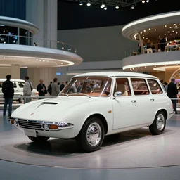 retrofuturistic general motors space van of the future inspired by streamlined spaceship coupe design, designed by Gordon Buehrig, 1960s american world's fair, press photograph