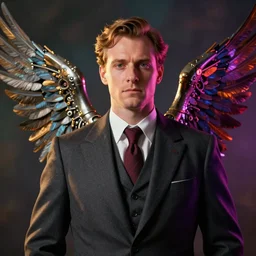 portrait of a robot, suit and tie, wings, historic portrait, colorful, dramatic lighting, octane render