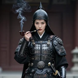 full portrait of female vampire jinyiwei wearing black heavy armor and pointed helmet and smoking a pipe, stern, elegant, imposing, jinyiwei, embroidered uniform guard, secret police, chinese armor, historical armor, investigator's helmet, smoking pipe, nodachi, wakizashi, katana, japanese sword, ming dynasty, chinese fantasy, detailed, realistic, anatomically accurate.