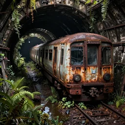 an abandoned rusted train, alone, in an empty dark flooded london underground tunnel, overgrown with aquatic plants