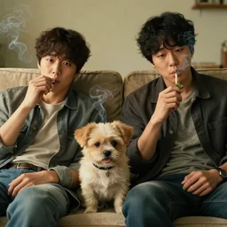 cinematic shot of yoon suk - yeol and a cute puppy smoking weed together on a couch, 8 k, intricate, detailed,