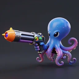 a shooting weapon with splatoon 3 style, spray colorful paint, octopus + metal material + rocket gun + water gun + flame + water reservoir + sticker + barrel nozzle + neon spot light,