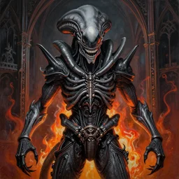 Xenomorph themed painting of symmetrical torso black and grey inferno armor with extended evil armored hands concept, intricate artwork by H.R. Giger, Johnatan Wayshak, Zdizslaw Beksinski, Ayami Kojima, Amano, Karol Bak, Moebius, and Mark Brooks, Neo-Gothic, gothic, rich deep colors, art by Takato Yamamoto, masterpiece, face by Artgerm, very coherent artwork, cinematic, hyper realism, high detail, octane render, unreal engine, 8k, High contrast, golden ratio, trending on cgsociety