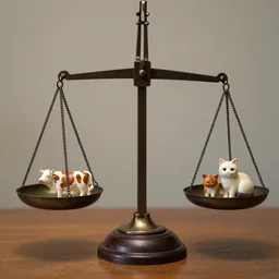 set of balance scales with weights, libra, weighing cow figurine and cat figurine in dish