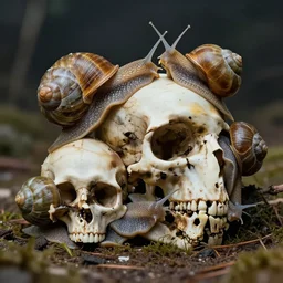 snails with human skulls for shells, realism, intricate