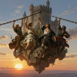 warriors scaling the chains and cables of castle floating on the sky miracle of life on the radiant sun at the horizon, by emmanuel shiu, caspar david friedrich, albert bierstadt, jakub rozalski