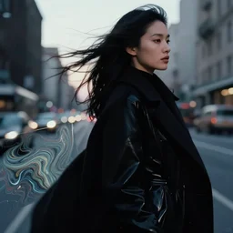 beautiful female body silhouette, beautiful portrait, photography by amy leibowitz and filip fedorov, black blanket in wind, black latex, urban city photography, close up portrait, cinematic still, film still, magic hour, dark mood, fashion portrait, cold colors, sony, kodak, long exposure, art noveau painting, liquid marble fluid painting