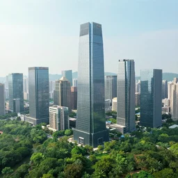 a dreamy photo of a surreal city with a lot of glass sky scrapers, green lush landscape