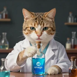 a cat dressed as a scientist filling a modern bottle with iridescent blue liquid, the logo omega is on the bottle, art by studio ghibli and j. c. leyendecker and greg rutkowski and artgerm and aenaluck, portrait, d & d, fantasy, highly detailed, digital painting, headshot, trending on artstation, concept art, sharp focus