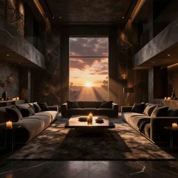 hyperrealistic digital painting of a very dark dreamy luxury maximalist living room, candlelight, sunset glow, sunset dappled light, dark shadows, god rays, chiaroscuro, wood concrete marble finishes, octane render, volumetric lighting, raytracing, symmetrical wide shot low angle
