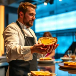 masterchef shot of a contestant presenting buttered toast to the judges