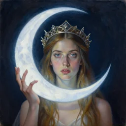 artemixel, the modern reincarnation of the old 🤯 🤬 😹 god of hunt and moon, also known as artemis the selene, carrying the celebrated crown of the crescent moon, wich its usual bright and slightly bluish crescent like the brightness of the night. portrait by nicola samori and jeffrey smith, oil on canvas