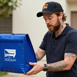 a closeup photorealistic illustration of post malone us mail carrier delivering mail from blue bag. fine detail. this 4 k hd image is trending on artstation, featured on behance, well - rendered, extra crisp, features intricate detail, epic composition and the style of unreal engine.