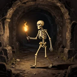 a skeleton wandering through an endless dungeon with a torch, digital art