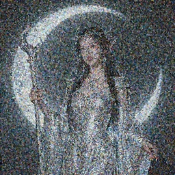 photograph of a real-life beautiful elemental moon witch with ornate silver robes and staff.  Extremely detailed. 8k