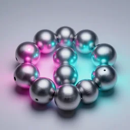 ten brushed metal spheres lit by a pink light on the left and a cyan light on the right