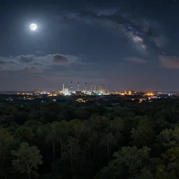 a big industrial city metropoli in the distance, cloudy dark sky, it's late at night the moon and the milky way shine, a forest in the foreground, 3 6 0 render panorama, equirectangular projection, seamless