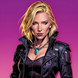 hyper detailed comic illustration of a cyberpunk cate blanchett  , by darick robertson , transmetropolitan , intricate details, vibrant, solid background