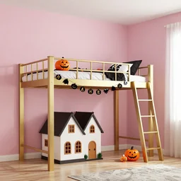 a pink and gold bedroom with halloween themed christmas decorations, loft bed with a fake house underneath to hang out in, books, throw rug, cushions, gamer chair and desk, relaxing, real life, high resolution, kawaii
