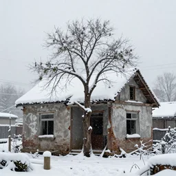 a small tree made of flesh growing over the remains of a house during a snowstorm