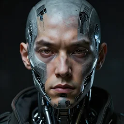 portrait of a cyberpunk character, ( ( ( art by lucian freud ) ) ), cybernetic implant, more human than robot, award winning, masterpiece, intricate, dramatic light, detailed face, highly detailed, asymmetrical, dark