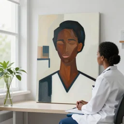 a black female doctor in exam room, natural light window, plants in glass vase, acrylic on canvas, abstract, by aaron douglas - n 3