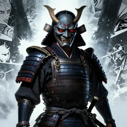 upper body illustration ofa samurai master in full armor, he wears a demon mask, bleak and oppressive atmosphere, distress, mattepainting concept blizzard pixar maya engine on stylized background splash comics global illumination lighting artstation, sharp focus, lois van baarle, ilya kuvshinov, rossdraws