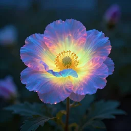 Luminescent flower blooming at twilight, realism, photorealism, f 3.5, photography, octane render, highly detailed, vray, volumetric lighting,