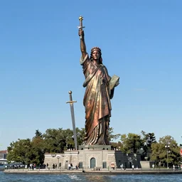 Giant 30-meter tall copper statue of Eowyn from Lord of the Rings, on Liberty Island, New York harbour, holding a sword