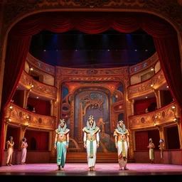 photo of a huge theaterstage, opera is aida, theater curtains are red, 3 actors in egyptian costumes standing on stage singing, 8 k, multicolored, exaggerated detailed, long shot