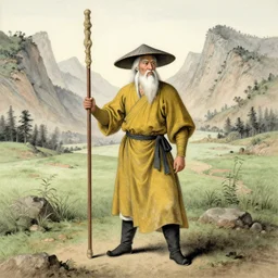 a chinese battle monk, wearing a faded dark yellow toga, a gray straw hat, holding a long wooden staff that is perpendicular to the floor, long white beard, beautiful valley with a meadow and dozens of mountains, lots of shading, full body shot, drawn in the style of jean - baptiste monge