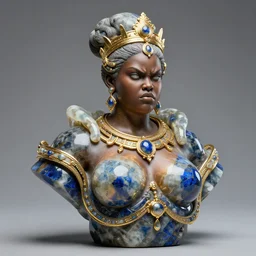 intricate iridescent realistic bust sculpture of futuristic digital obese angry beautiful black girl empress, stone and glass and gold and lapislazuli