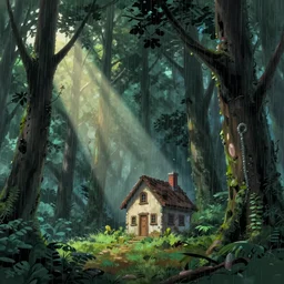 heavy rain, alone small house in forest, studio ghibli, pixar and disney animation, science fiction, cyberpunk, sharp, disney concept art illustration by mandy jurgens and alphonse mucha, dynamic lighting