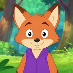 don bluth, artgerm, anthropomorphic fox girl, purple vest, smiling, symmetrical eyes symmetrical face, bright colorful forest background