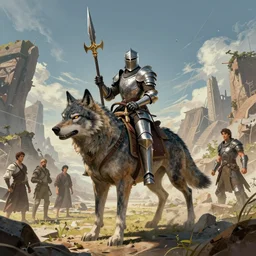 Azure armored knight riding a wolf mount, Moebius, Greg Rutkowski, Zabrocki, Karlkka, Jayison Devadas, Phuoc Quan, trending on Artstation, 8K, ultra wide angle, zenith view, pincushion lens effect.