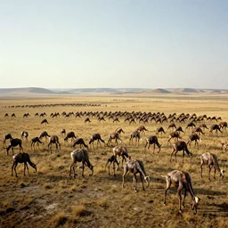 gigantic long - legged surreal creatures of the great wild plains, hd photograph painting surreal trippy numerous beasts on an open plain, sharp focus, grainy 3 5 mm texture, golden hour lighting, huge herds of vicious organisms, horizon vast biodiverse valley