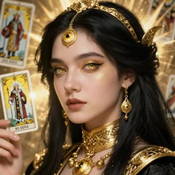 hyperrealistic detailed portrait of a female уда, cleric, fantasy, D&D, black hair, golden eyeball, golden jewellery, soft features, elegant, artstation, intricate details, tarot card, cinematic, vibrant