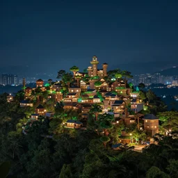 professional photo of a tree top town similar to level of donkey kong country, by discovery magazine, night time with dim lights, real life, photorealistic, soft focus, long exposure