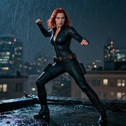 in the style of phil noto, black widow on a rooftop, night, rain, action pose
