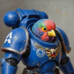 a portrait of a Budgie as a Space Marine from the Warhammer 40k, ultramarine space marine Budgie, blue armor, glorious, masterpiece painting by Rembrandt, shoulderpad with omega white symbol