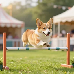 corgi flying through hurdle, magical, afternoon, grass, fun fair, 4 k, award winning, high quality, carli davidson, john muir