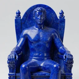 a throne made of blue lapis lazuli. sitting on it is a man who, from his waist up, looks like gleaming amber. and from his waist down, he looks like a burning flame. all around him is a glowing halo, like a rainbow shining, ultrarealistic