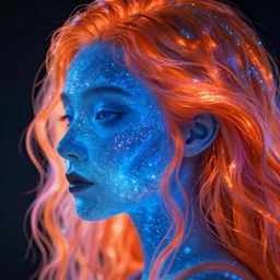 Close up side-profile portrait of the glowing blue face of a celestial goddess with long wavy orange and pink hair. Her face exhibits a subsurface glow effect. Her hair hangs down behind her face, as well as over her face, covering her ear. Her hair fills most of the image, and is realistically illuminated by the blue glow of her face. Sony Imageworks VFX Sizzle reel.