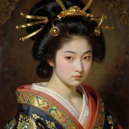 Baroque painting of a traditional Kunoichi, inspired by Gustav Moreau and Wayne Barlowe, exquisite detail, hyper realism, ornate, exquisite detail, cute face