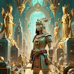 wide skyline cyberpunk city, ceramic bounty hunter cyberpunk inca in tribal regalia, an idea seep's into infinity highly detailed in volumetric latent space, golden turquoise, cinematic light, sharp focus, divine realm of gods, octane render,