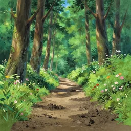 deep muddy forest on a sunny day walkway panorama, blooming, very traditional gouache painting by makoto shinkai kyoto animation disney pixar