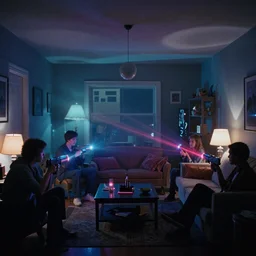gregory crewdson interior photography, cassette futurism, cosmic psychedelic horror, crowded suburban living room, people with laser guns and neon lights, edward hopper liminal space, atmospheric haze, film. film still, 1 6 mm cinematography